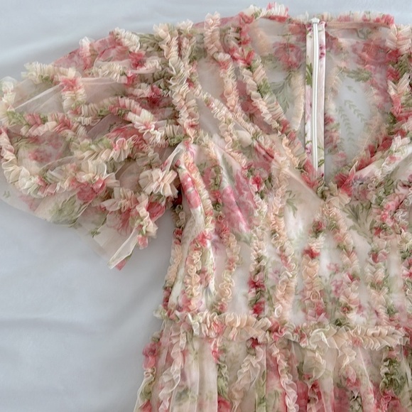 Needle and Thread Waltzing Blooms Mini Dress V Neck Ruffle Floral Dress Size 2 - Picture 7 of 9